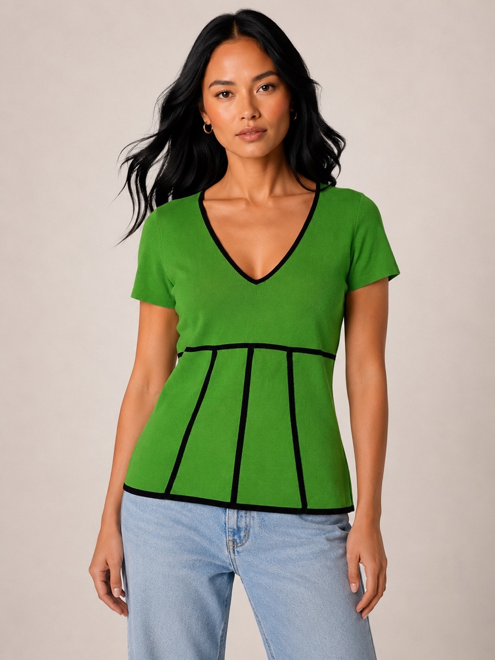 Pointelle Green Viscose V-Neck Knit Top Black Contrast Trim Short Sleeve Women M